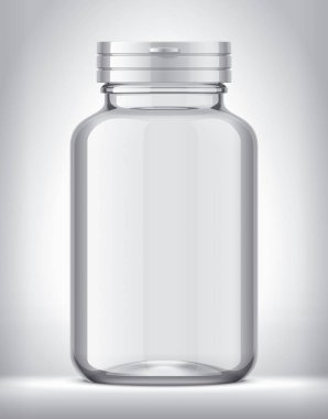 Arka plandaki haplar için bir şişe. Şeffaf versiyonu. Beyaz Şapka. 