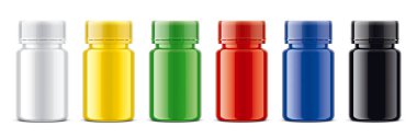 Renkli şişeler. Parlak şeffaf olmayan sürüm. 