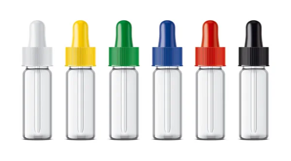 Droppers Bottles Set Colored Caps Transparent Version — Stock Photo, Image