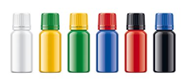 Renkli şişeler hazır. Şeffaf olmayan Parlak sürüm. 