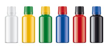 Renkli şişeler hazır. Şeffaf olmayan Parlak sürüm. 