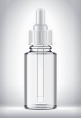 Arka planda damla şişesi var. Şeffaf sürüm, beyaz başlık. 