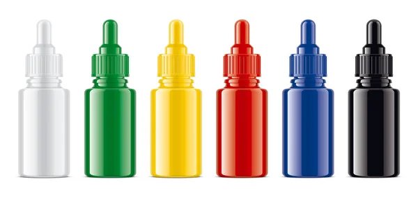 Χρωματιστά Μπουκάλια Σταγονόμετρα Που Γυαλιστερή Επιφάνεια Διαφανής Έκδοση — Φωτογραφία Αρχείου