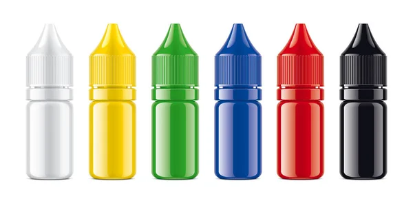 Χρωματιστά Μπουκάλια Σταγονόμετρα Που Γυαλιστερή Έκδοση Επιφάνειας — Φωτογραφία Αρχείου