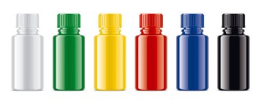 Renkli şişeler hazır. Şeffaf olmayan Parlak sürüm. 