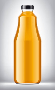 Arka planda portakal suyu olan cam şişe..