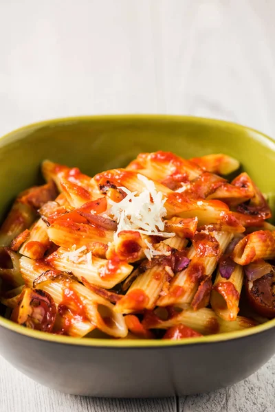 Penne Pasta with Chorizo Creamy Tomato Sauce — Stock Photo, Image