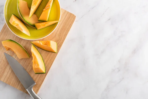 Cantaloupe Chopping Board Flatlay Fruit — Stock Photo, Image