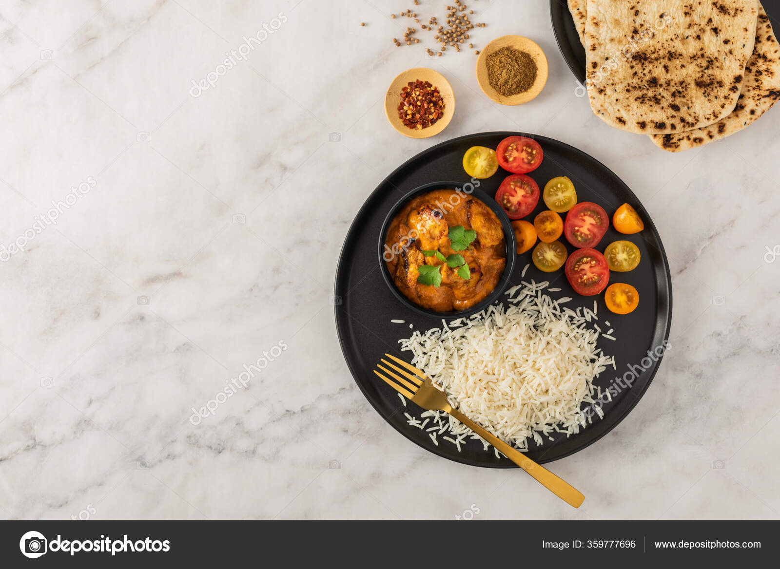 Poulet Tikka Masala Riz Basmati Naan — Photographie ...