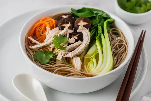 Soba Noodles Miso Carrot Shiitake Mushroom Bok Choy — Stock Photo, Image