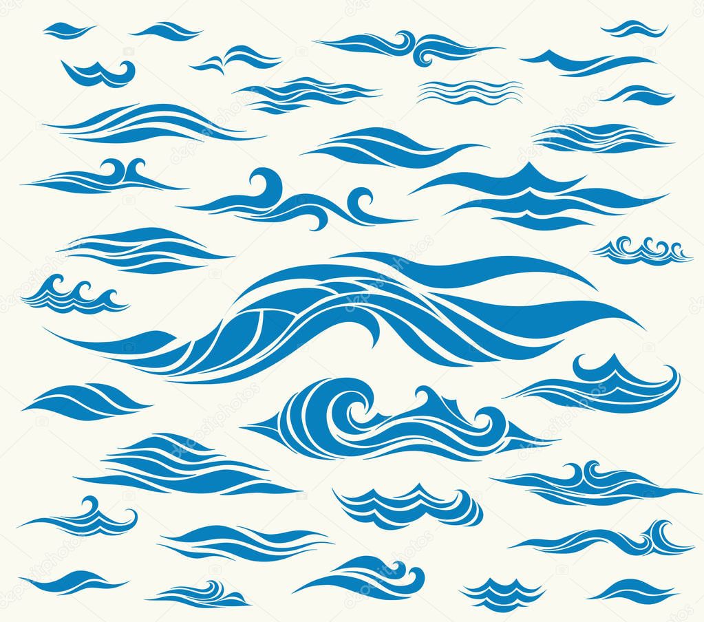 Vector waves set of elements for design, blue silhouettes against a light background
