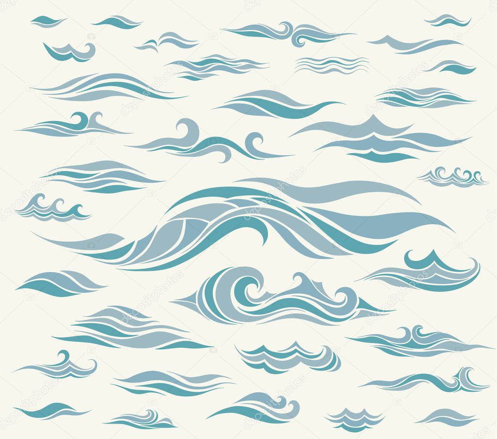 Vector waves set of elements for design, silhouettes against a light background