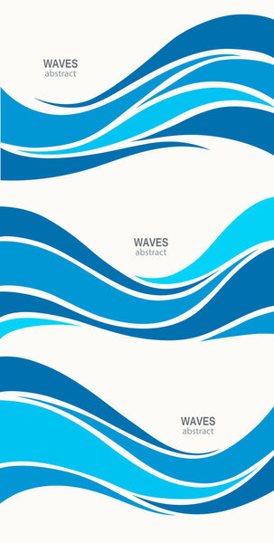 Set marine pattern with stylized blue waves on a light backgroun