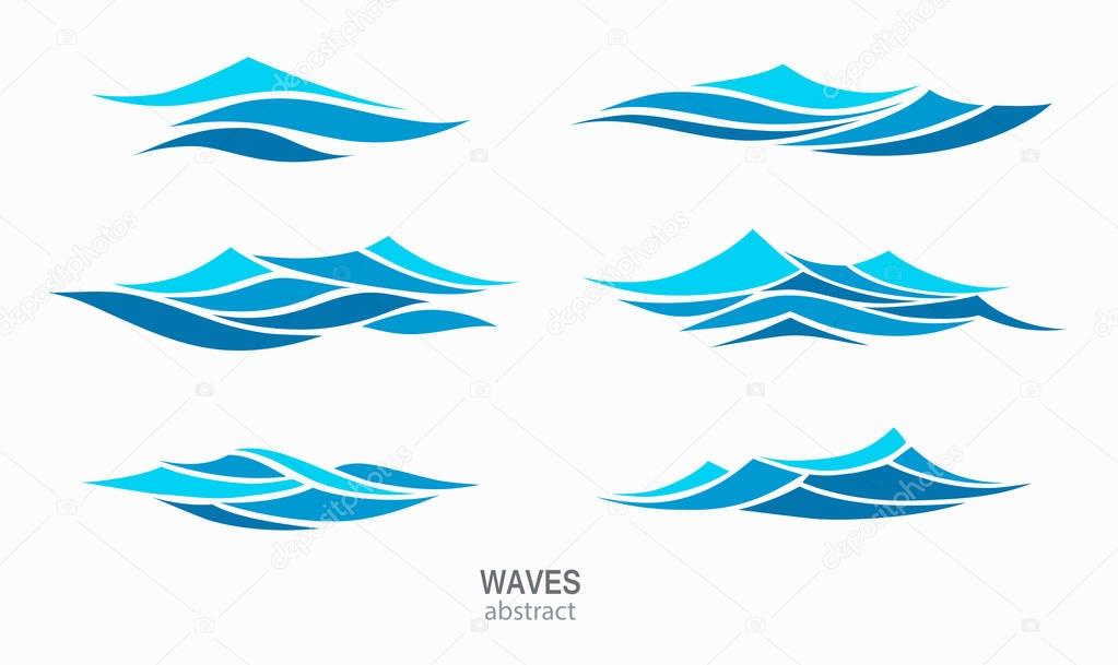Set marine pattern with stylized blue waves on a light background. Water Wave Logo abstract design. Cosmetics Surf Sport Logotype concept. Aqua icon.