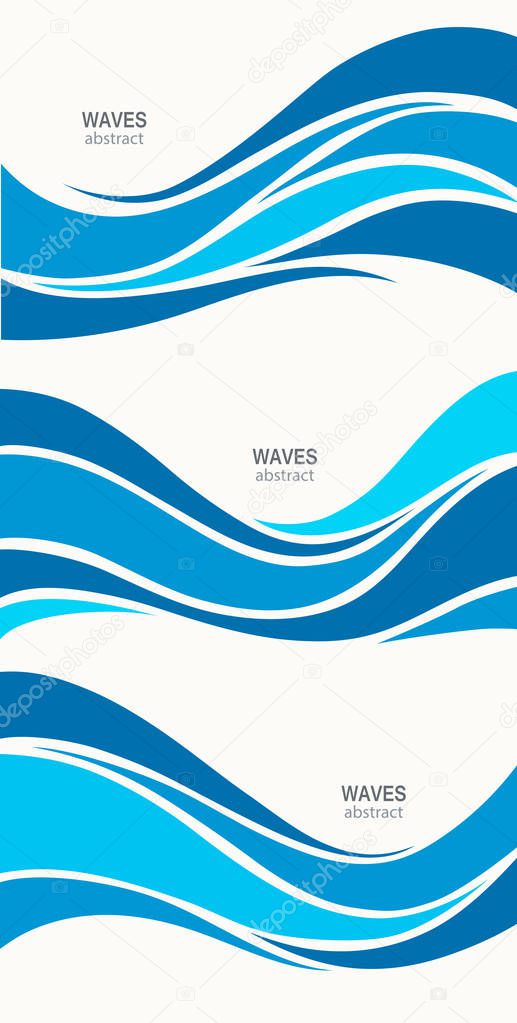 Set marine pattern with stylized blue waves on a light background. Water Wave Logo abstract design. Cosmetics Surf Sport Logotype concept. Aqua icon.