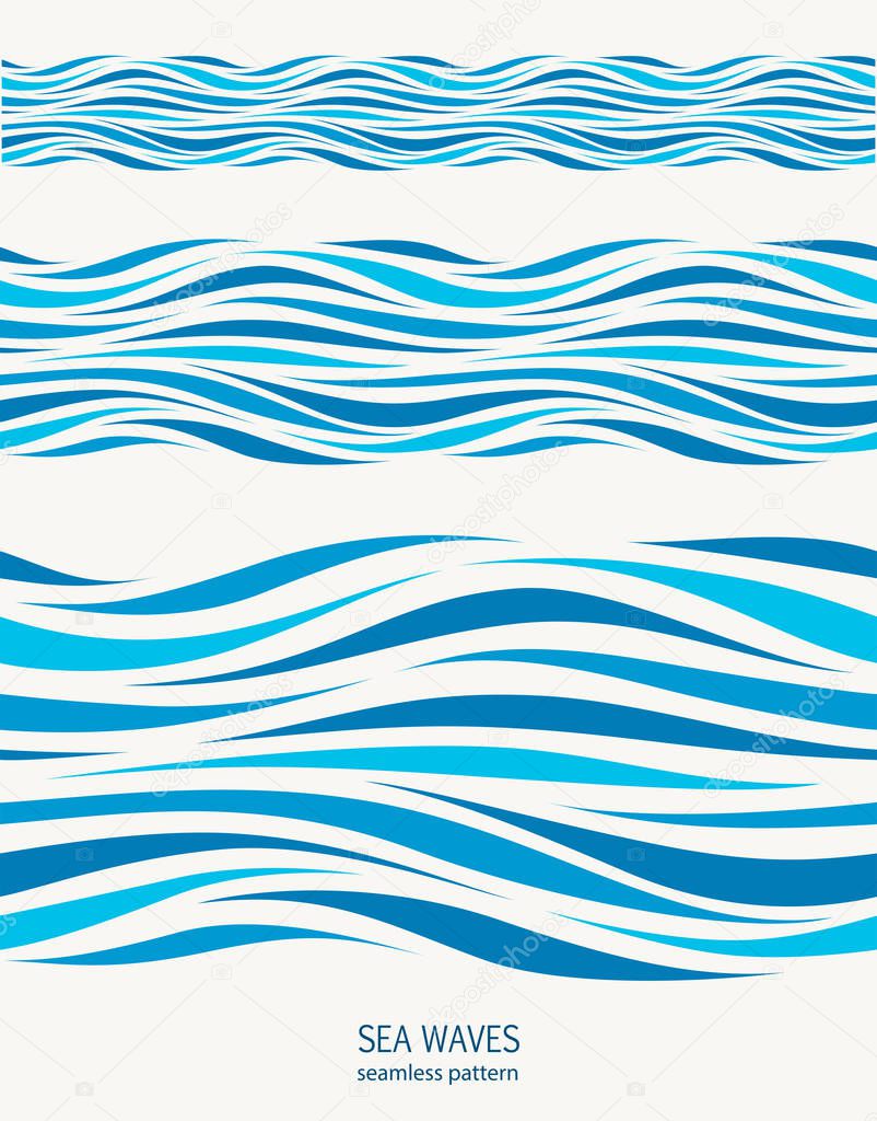 Marine seamless pattern with stylized blue waves on a light background. Water Wave abstract design.