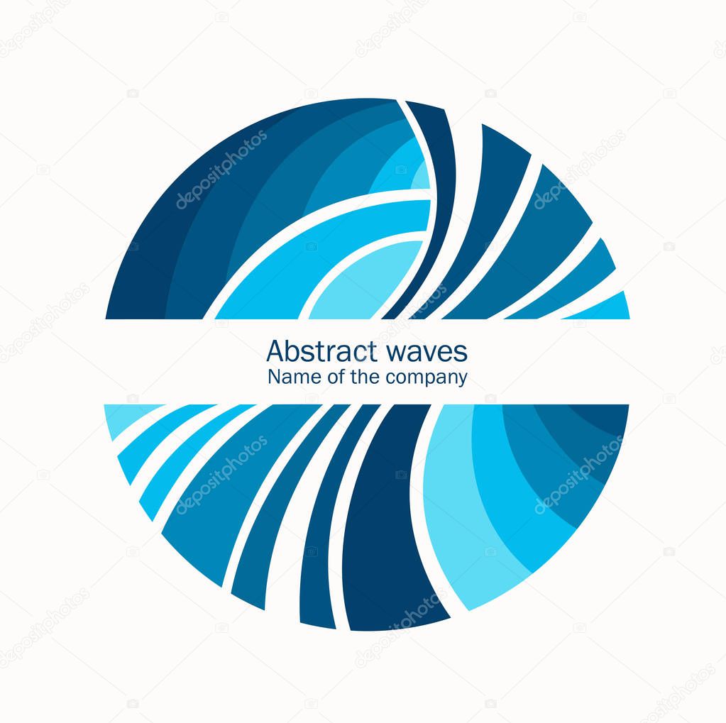 Water Wave Logo abstract design. Cosmetics Surf Sport Logotype concept. Round frame, aqua icon.
