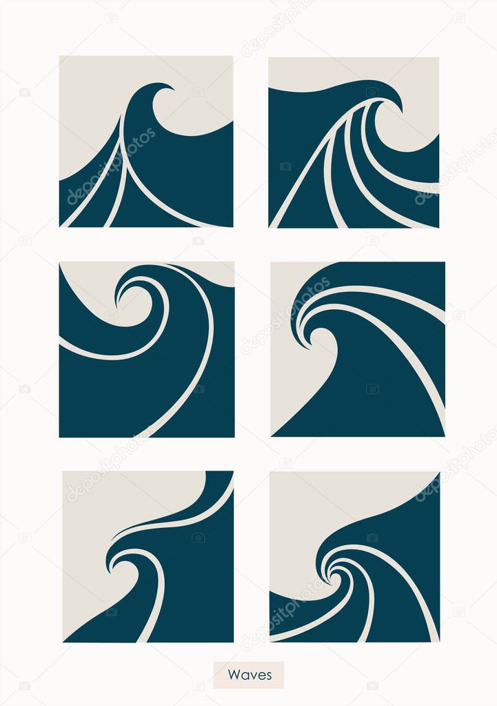 Set Water Wave Logo abstract design. Cosmetics Surf Sport Logotype concept. Square aqua icon.