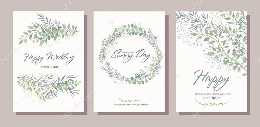 Set of card with beautiful twigs with leaves. Wedding ornament c