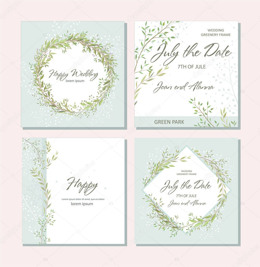 Set of card with beautiful twigs with leaves. Wedding ornament c