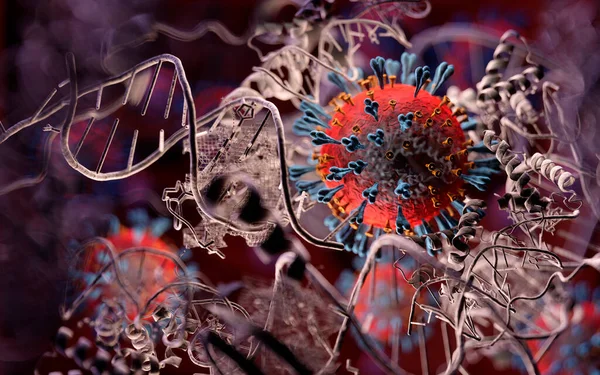 Coronavirus COVID 19 mikroskop altında. 3d illüstrasyon.