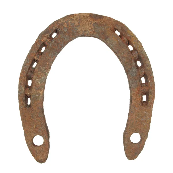 Vecchio ferro di cavallo in acciaio arrugginito consumato isolato su sfondo bianco — Foto Stock