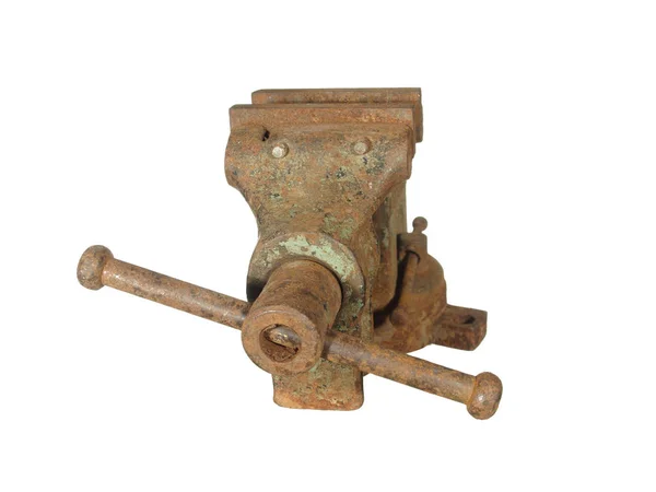 Old rusty metalwork vise made in the USSR, isolated on white background. Stock Photo