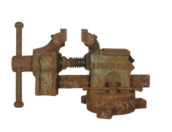 Old rusty metalwork vise made in the USSR, isolated on white background. The inscription LENINGRAD is visible. Royalty Free Stock Photos