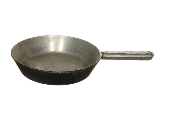 Old small aluminum alloy frying pan with handle isolated on a wh — Stock Photo, Image