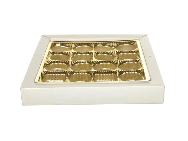 Caja Vacía Color Dorado Chocolates Aislados Sobre Fondo Blanco —  Fotos de Stock