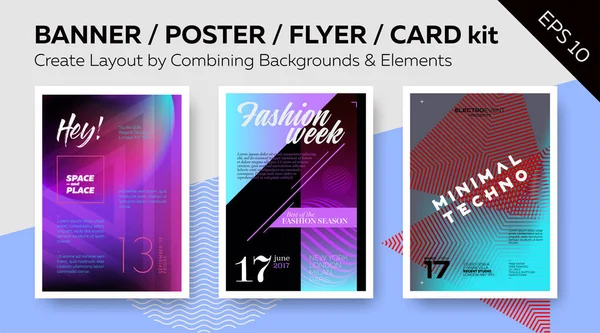 Banner / DJ Poster / Night Club Flyer / Card Kit com elementos. Conjunto de modelos de vetores com grade de texto. Padrões geométricos na moda, Design mínimo, fundos coloridos . — Vetor de Stock