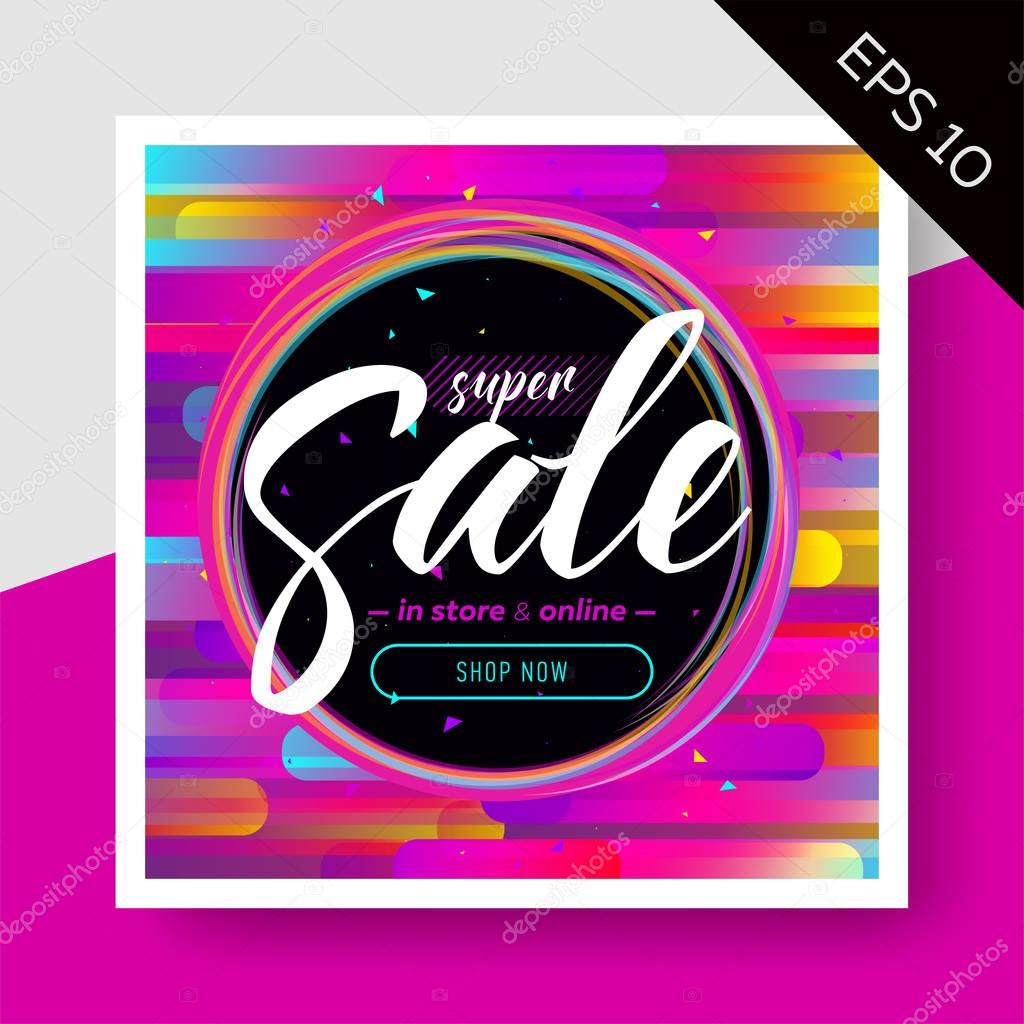Impressive Vector Sale Layout with Trendy Colorful Elements and Calligraphy. Discount Advertising For Online Store, Web Banner, Pop-up, Website, Flyer.