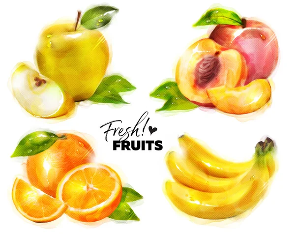 Set of Watercolor Fresh Fruits with Fine Dots Paper Texture. — Stock Photo, Image