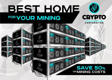 Detailed Vector Illustration of Bitcoin Mining Farm in Perspective. Racks of Mining Machines at Server Farm. clipart