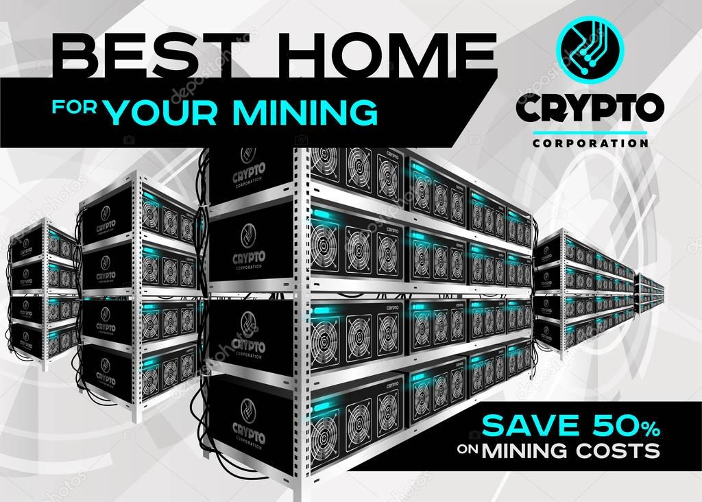Detailed Vector Illustration of Bitcoin Mining Farm in Perspective. Racks of Mining Machines at Server Farm.