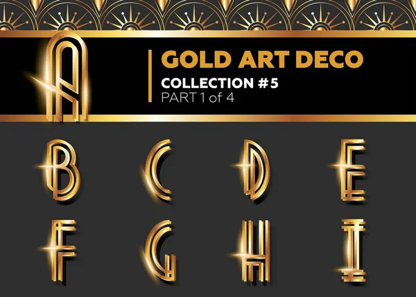 Vector Art Deco 3d lettertype. Glimmende gouden Retro alfabet. Gatsby stijl. — Stockvector