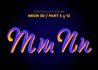 Neon yazı ile yuvarlak şekiller kümesi 3d. Boyalı harfler yazı tipi kümesi. Mat sıvı mor ve sarı renkler. Gece parlama efekti. 