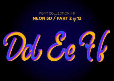 Neon yazı ile yuvarlak şekiller kümesi 3d. Boyalı harfler yazı tipi kümesi. Mat sıvı mor ve sarı renkler. Gece parlama efekti. 