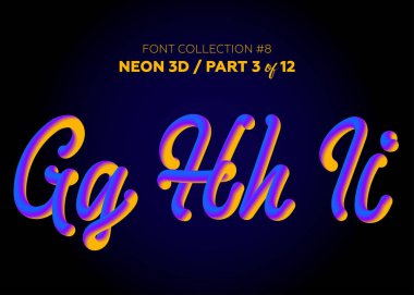 Neon yazı ile yuvarlak şekiller kümesi 3d. Boyalı harfler yazı tipi kümesi. Mat sıvı mor ve sarı renkler. Gece parlama efekti. 