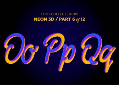 Neon yazı ile yuvarlak şekiller kümesi 3d. Boyalı harfler yazı tipi kümesi. Mat sıvı mor ve sarı renkler. Gece parlama efekti. 