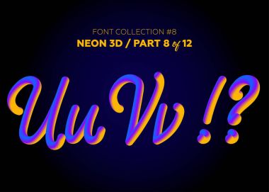 Neon yazı ile yuvarlak şekiller kümesi 3d. Boyalı harfler yazı tipi kümesi. Mat sıvı mor ve sarı renkler. Gece parlama efekti. 