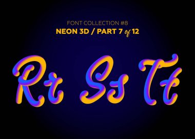 Neon yazı ile yuvarlak şekiller kümesi 3d. Boyalı harfler yazı tipi kümesi. Mat sıvı mor ve sarı renkler. Gece parlama efekti. 
