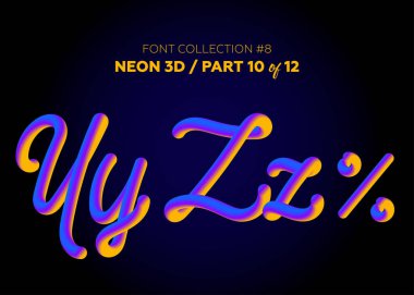 Neon yazı ile yuvarlak şekiller kümesi 3d. Boyalı harfler yazı tipi kümesi. Mat sıvı mor ve sarı renkler. Gece parlama efekti. 