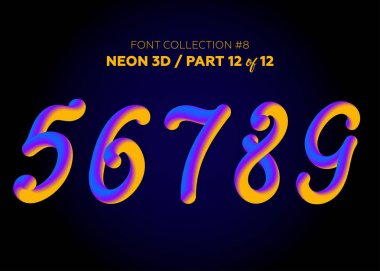 Neon yazı ile yuvarlak şekiller kümesi 3d. Boyalı harfler yazı tipi kümesi. Mat sıvı mor ve sarı renkler. Gece parlama efekti. 