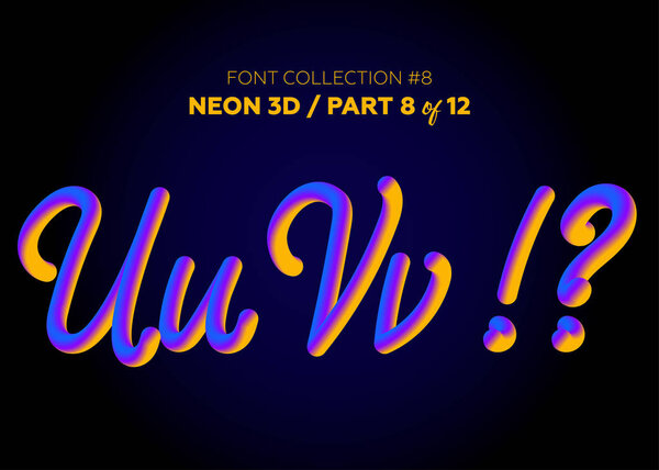 Neon 3D Typeset with Rounded Shapes. Font Set of Painted Letters. Matte Liquid Purple and Yellow Colors. Night Glow Effect. 