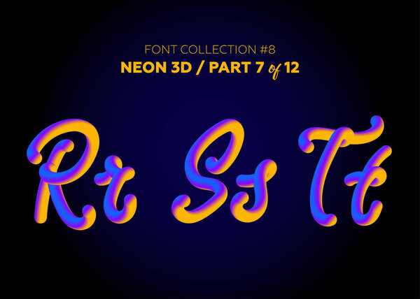 Neon 3D Typeset with Rounded Shapes. Font Set of Painted Letters. Matte Liquid Purple and Yellow Colors. Night Glow Effect. 