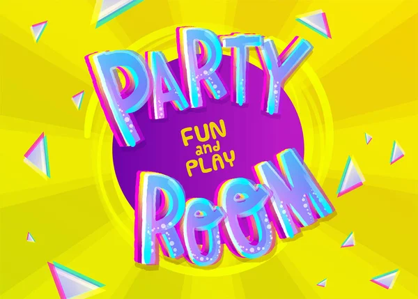 Party Room Cartoon Inscription em fundo amarelo colorido com padrão geométrico. Modelo de design de tema de crianças . —  Vetores de Stock