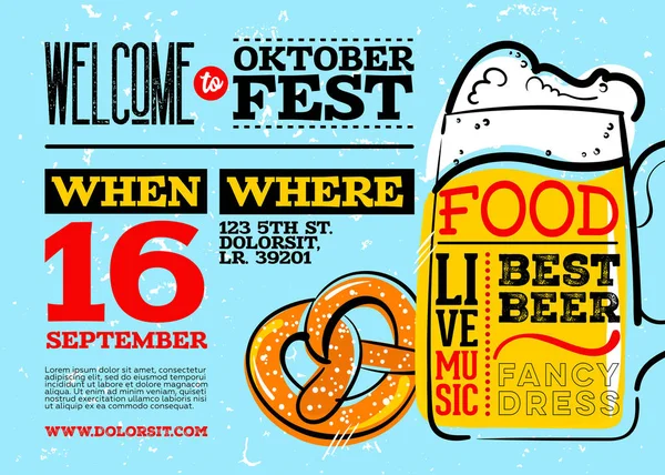 Bienvenue à Oktoberfest Poster. Orientation horizontale ou paysagère. Tasse à bière et bretzel dessinés à la main vectoriels avec lettrage sur Blue Old Grunge Texture rétro . — Image vectorielle