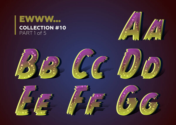 Creepy Ragged Typeset for Halloween Party. 3D Alphabet in Scary Cartoon Style with Zombie Colors and Shadows. 