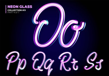 3D parlak neon yazı kümesi. Cam harfler yazı tipi kümesi. Parlak pembe ve mavi renkler.